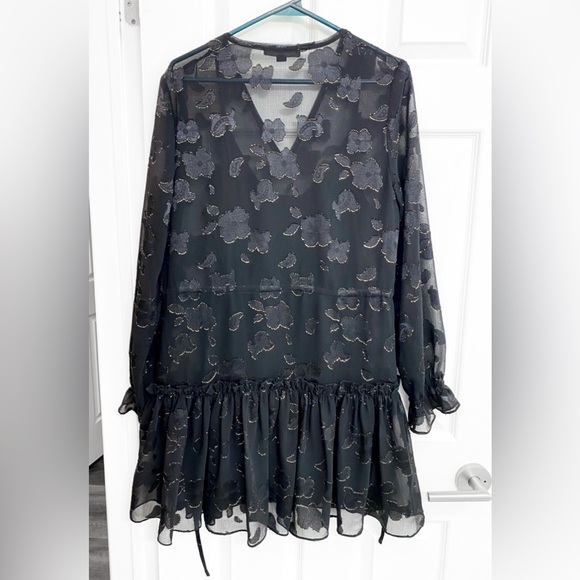 All Saints Black & Gold Embroidered Sheer Dress w/ Slip - Picture 3 of 7
